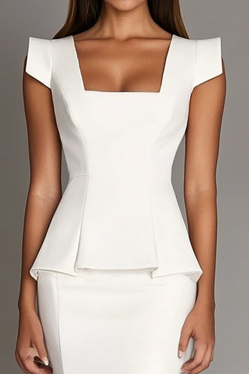 White Satin Square Neck 2 Piece Midi Formal Dress